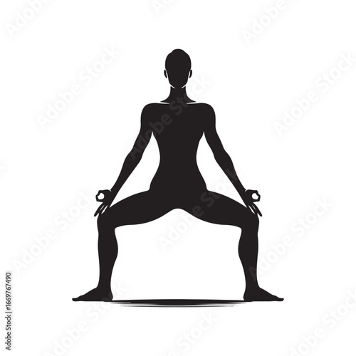 Minimal vector art of Tadasana yoga pose female, black silhouette with strong clear outline, meditation balance, exercise fitness, wellness design for yoga illustration