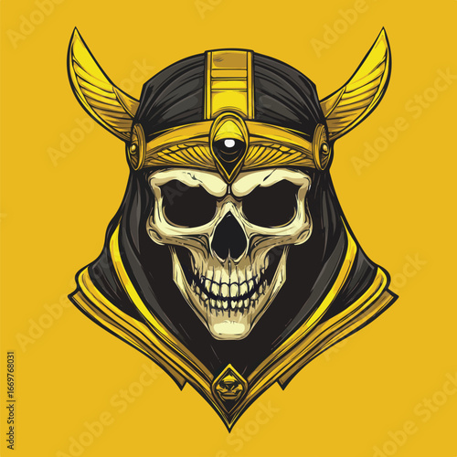 Golden Skull with Ancient Helmet Illustration | Fantasy Warrior Vector Art