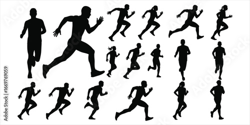 Diverse Silhouettes of Men and Women Running in Various Poses runner athlete