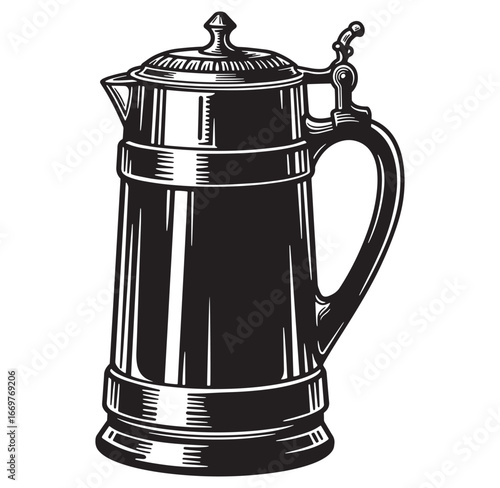 Vintage beer stein illustration in classic engraved style with detailed lid and handle