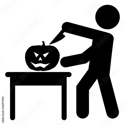 Icono con silueta de hombre de pie tallando una cara en una calabaza para halloween en una mesa