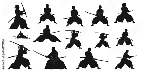 Samurai Warriors Silhouettes in Dynamic Poses with Katana Swords on White Background martial arts kendo