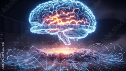 Artificial intelligence brain explosion animation, technology, innovation and digital