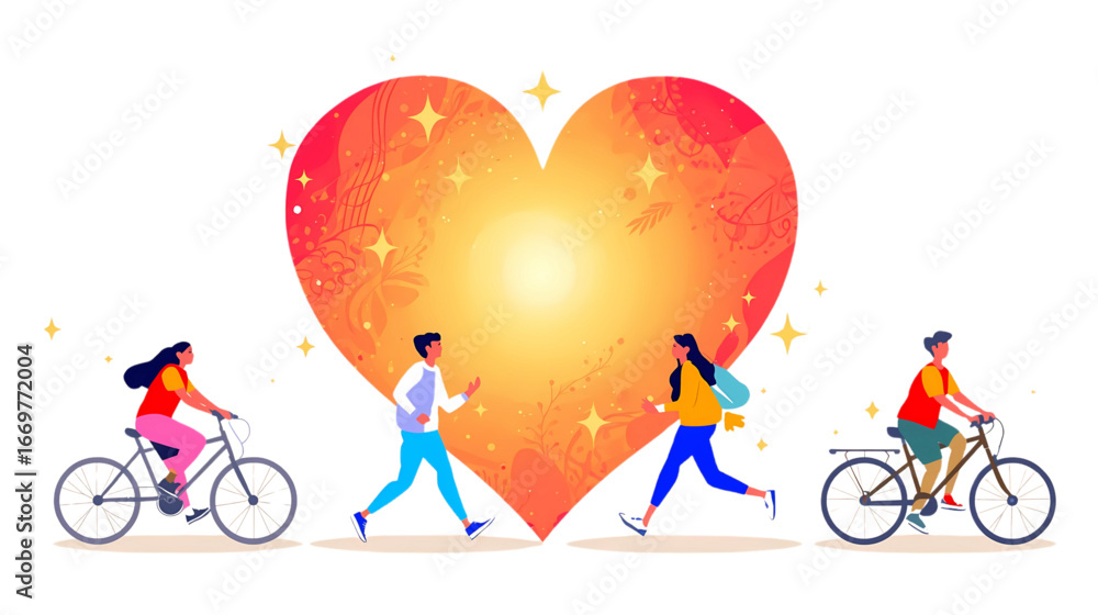 Fototapeta premium World Heart Day – People Cycling and Running Around a Heart Symbol