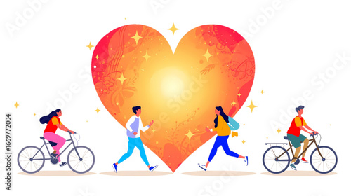 World Heart Day – People Cycling and Running Around a Heart Symbol