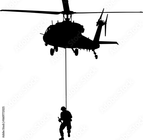 "Military Helicopter Rappelling Operation"

"Soldier Descending from Helicopter in Action"

"Tactical Insertion via Helicopter Rope"