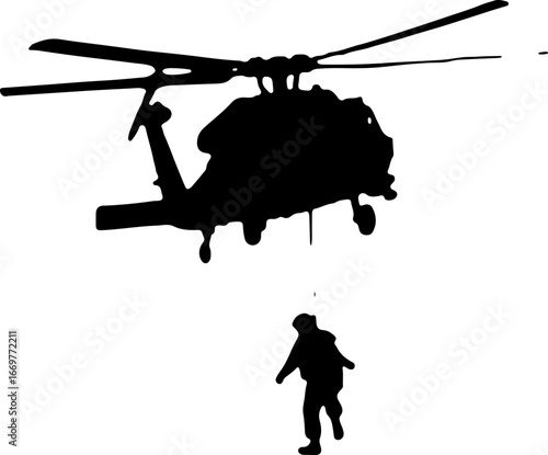 "Military Helicopter Rappelling Operation"

"Soldier Descending from Helicopter in Action"

"Tactical Insertion via Helicopter Rope"