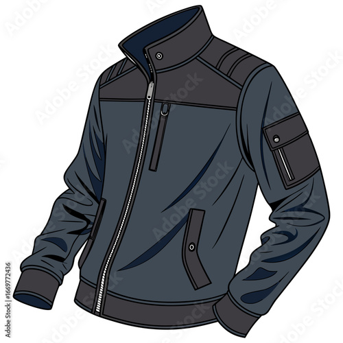 A realistic, high-quality photo of a stylish men’s jacket. The jacket is dark navy blue with a sleek, modern design. It has a front zipper, two side pockets with zippers, and elastic cuffs at the wris