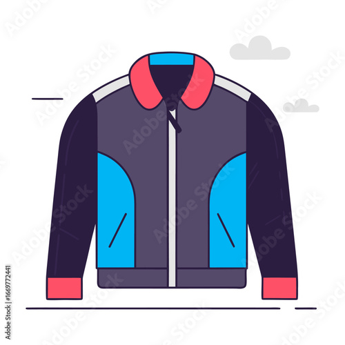 A realistic, high-quality photo of a stylish men’s jacket. The jacket is dark navy blue with a sleek, modern design. It has a front zipper, two side pockets with zippers, and elastic cuffs at the wris