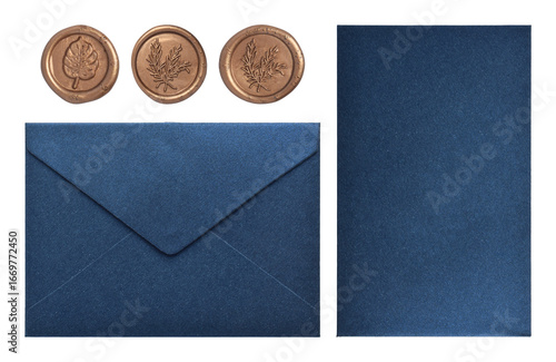 Set of dark blue envelopes and wax seal stamps isolated on white background