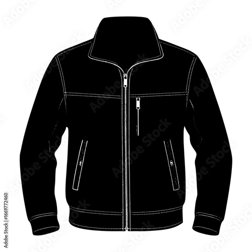 A realistic, high-quality photo of a stylish men’s jacket. The jacket is dark navy blue with a sleek, modern design. It has a front zipper, two side pockets with zippers, and elastic cuffs at the wris