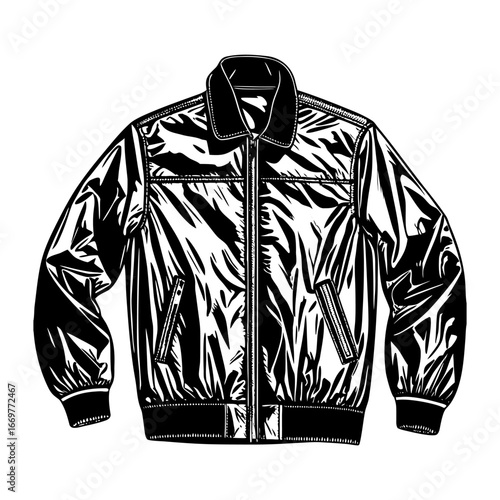 A realistic, high-quality photo of a stylish men’s jacket. The jacket is dark navy blue with a sleek, modern design. It has a front zipper, two side pockets with zippers, and elastic cuffs at the wris