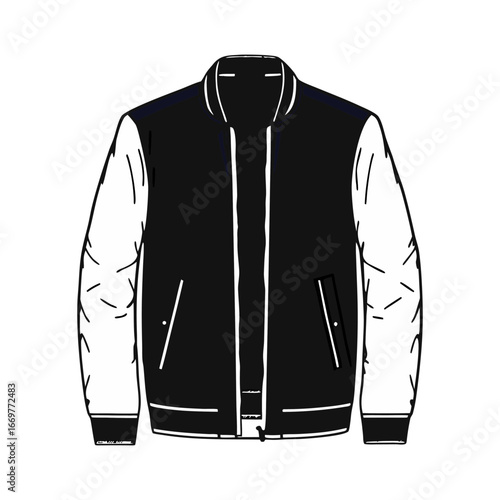 A realistic, high-quality photo of a stylish men’s jacket. The jacket is dark navy blue with a sleek, modern design. It has a front zipper, two side pockets with zippers, and elastic cuffs at the wris