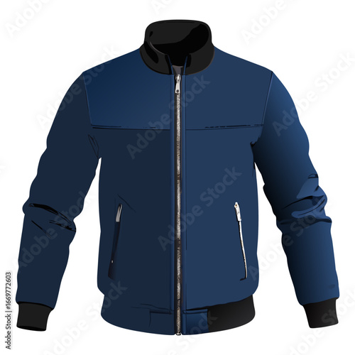 A realistic, high-quality photo of a stylish men’s jacket. The jacket is dark navy blue with a sleek, modern design. It has a front zipper, two side pockets with zippers, and elastic cuffs at the wris