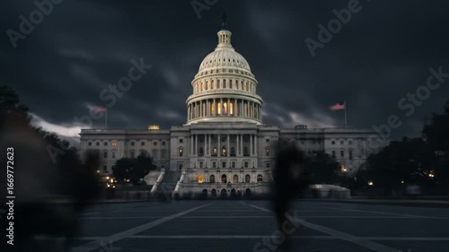 A view of the united states capitol building at dusk with blurred figures in the foreground walking by