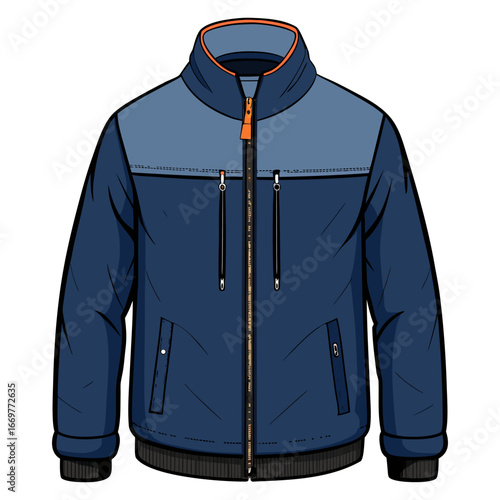 A realistic, high-quality photo of a stylish men’s jacket. The jacket is dark navy blue with a sleek, modern design. It has a front zipper, two side pockets with zippers, and elastic cuffs at the wris