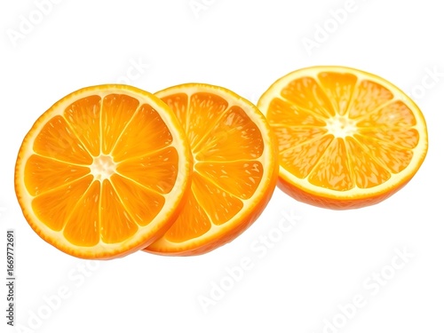 Three vibrant and fresh orange slices arranged on a clean white background. Perfect for healthy food, vitamin, and summer-themed projects. A bold and refreshing visual.