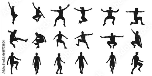 Twenty black silhouette figures in active poses including jumping and running action movement