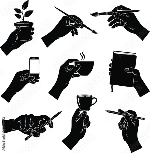create need kinds of different free hands holding vector vector art silhouette with white background.