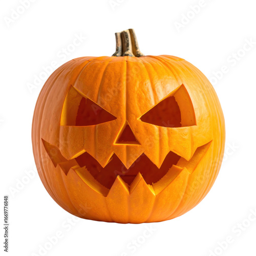 An orange pumpkin with a classic jack o' lantern face carved into it, featuring triangular eyes and a jagged mouth. Ideal for spooky Halloween projects.