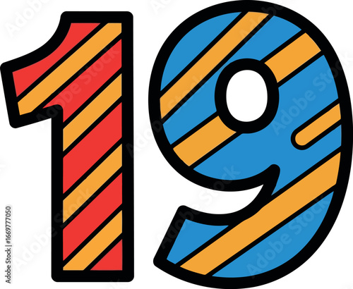 Vibrant striped number 19 festive graphic design element vector
