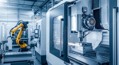 Modern manufacturing facility showcasing a robotic arm alongside a sophisticated CNC machining center.