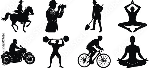 Human activity silhouettes, black vector icons, people in motion, sports and work poses, yoga, horse riding, photography, fitness, biking