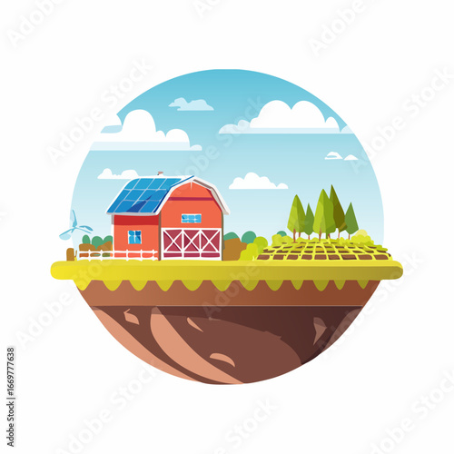 Colorful illustration of a farm with a red barn and fields