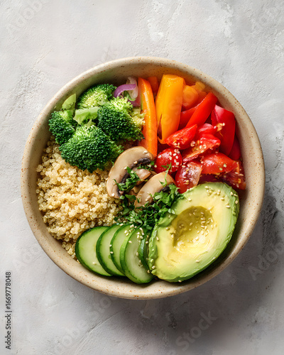 Minimalist flat lay of colorful healthy food bowl