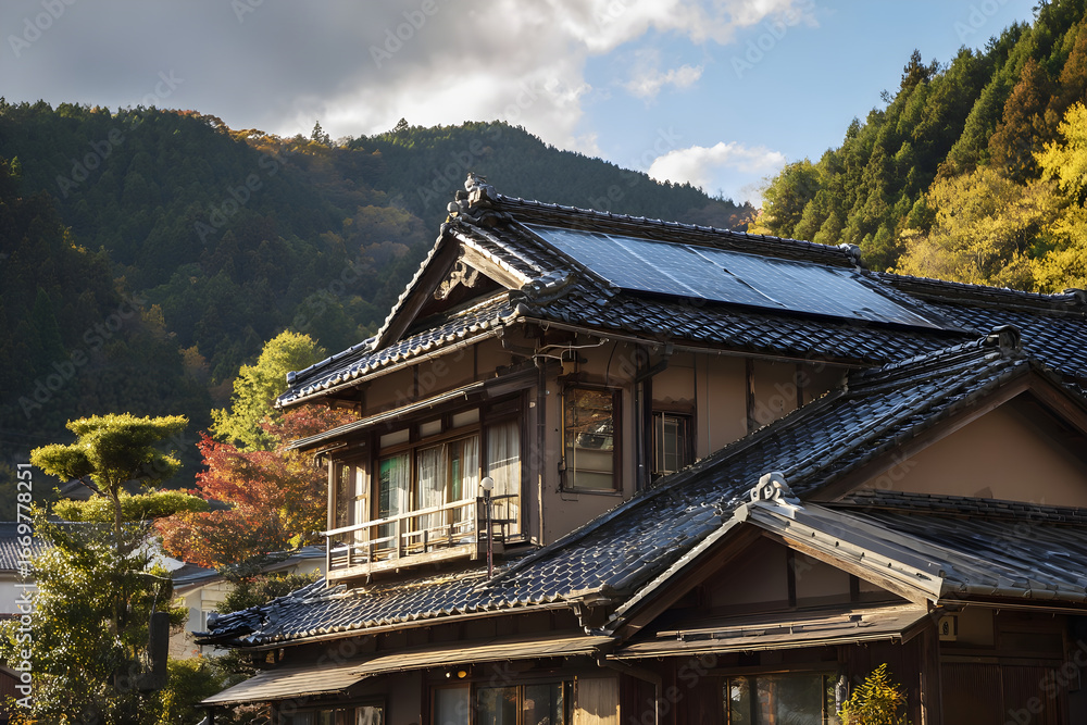 Obraz premium Historic wooden home in Nagano Japan fitted with modern solar panel array.