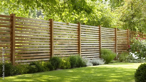 Beautiful Garden with Stylish Wooden Fence Surrounded by Lush Greenery and Vibrant Plants in Sunny Outdoor Setting