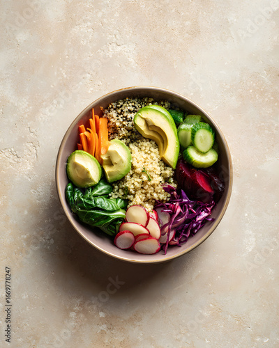 Minimalist flat lay of colorful healthy food bowl