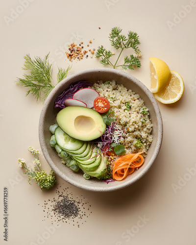 Minimalist flat lay of colorful healthy food bowl