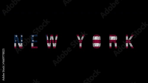 New york city name appearing with american flag texture on black background
