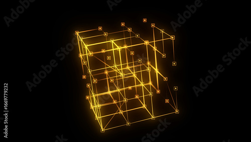 Abstract sci-fi cube with particle and line with digital indicators. Technology network connection on world. Global digital connections ai. Wireframe cube. Blockchain encryption. 3D rendering.