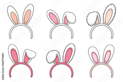 Six bunny ear headbands with pink and white accents