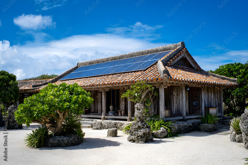 Obraz premium Traditional Okinawan house in Japan with solar panels on red tiled roof surrounded by manicured garden.