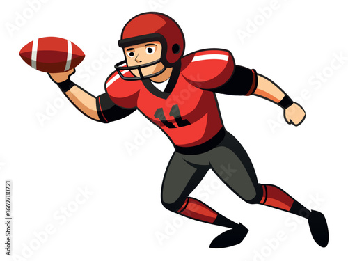 Cartoon football player in red uniform is catching the ball on the field