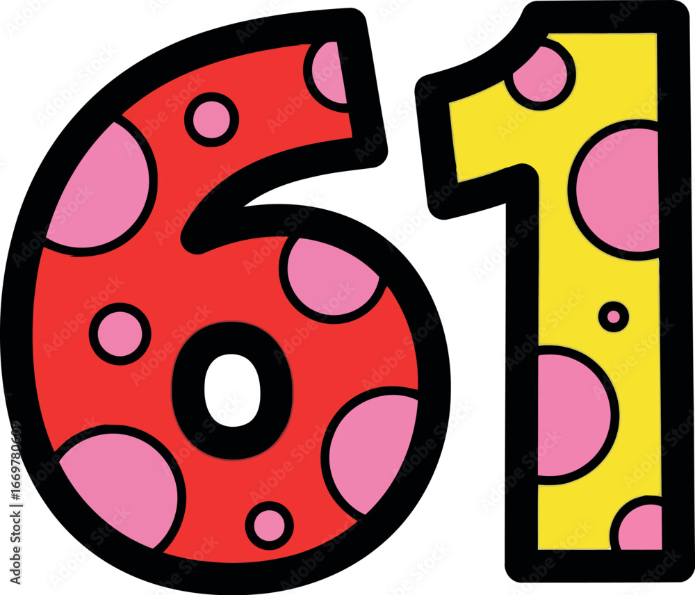 Obraz premium Whimsical polka dot number 61 cartoon illustration for children's education vector