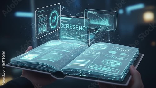 Futuristic holographic book revealing data insights and digital interface elements for technology
