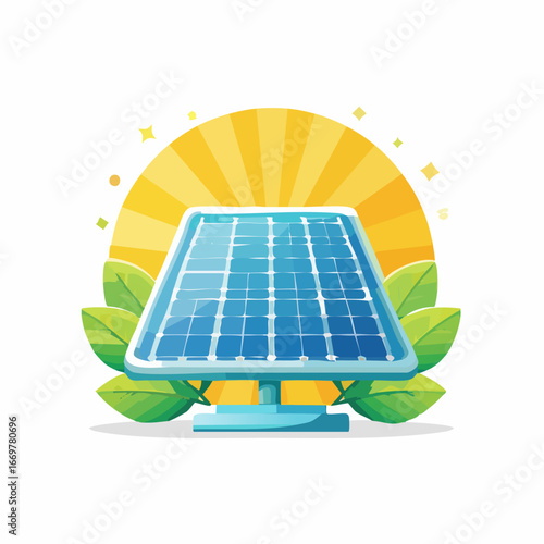 Solar Panel Renewable Energy Concept with Sun and Green Leaves