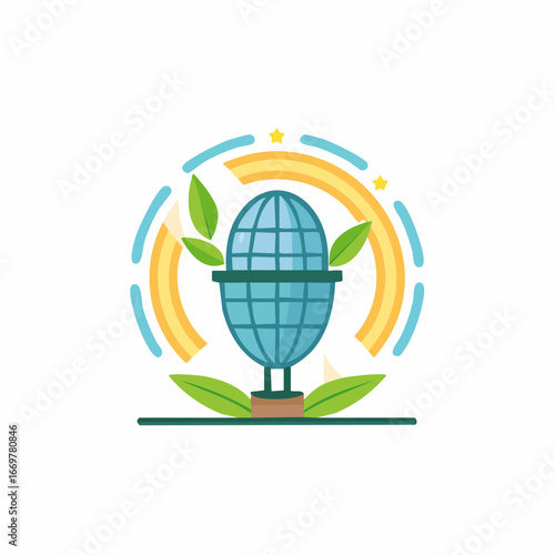 Futuristic orbital energy collector trophy, a vector logo symbolizing a global award for renewable technology and environmental conservation