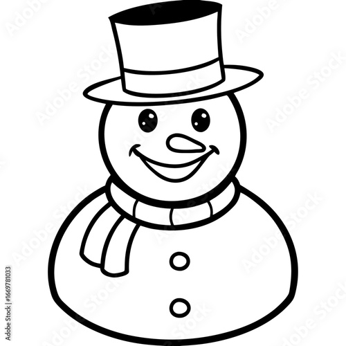 A cheerful snowman wearing a hat and a scarf stands outside in the winter snow