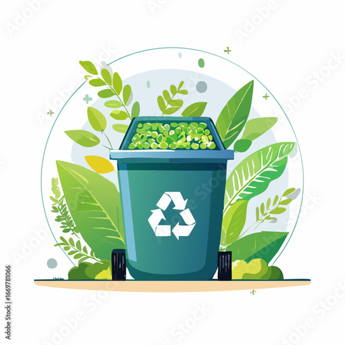 Green Recycling Bin with Leaves for Environmental Awareness Illustration