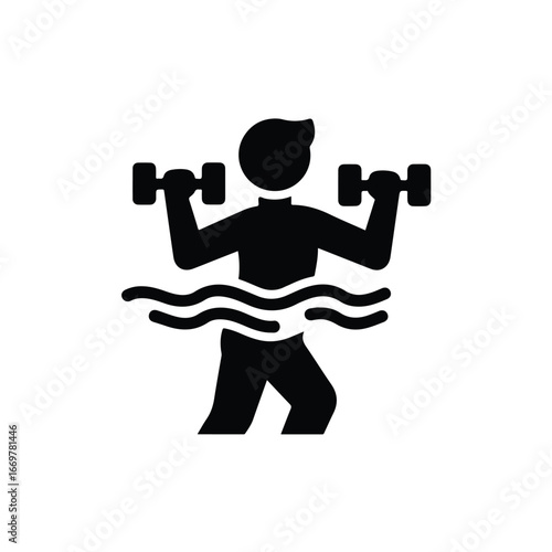 Illustration of a black silhouette icon of a person performing water aerobics with dumbbells, with wavy lines indicating water