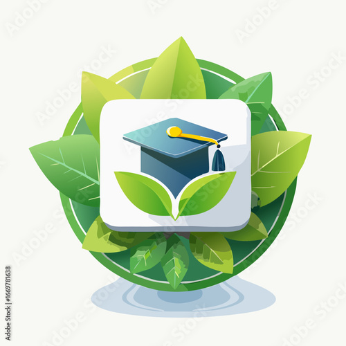 A graduation cap rests on a stylized open book surrounded by vibrant green leaves, symbolizing environmental education and growth.
