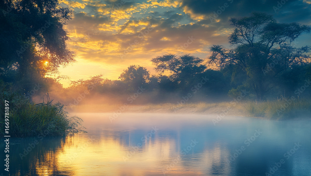 Fototapeta premium sunrise over calm river in natural setting