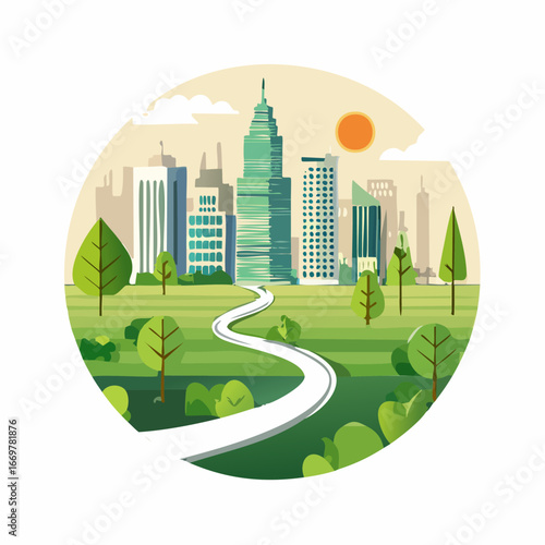 City Skyline with Green Park and Winding Path