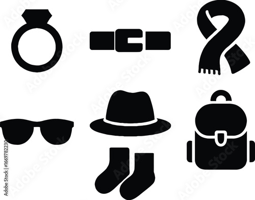 Six Black Silhouette Icons Depicting Fashion Accessories and Clothing Items Including Ring, Belt, Scarf, Sunglasses, Fedora Hat with Socks, and Backpack in Minimalist Monochrome Style