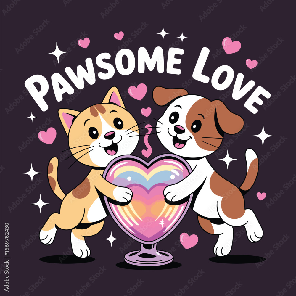 Fototapeta premium Cat and dog holding heart love friendship